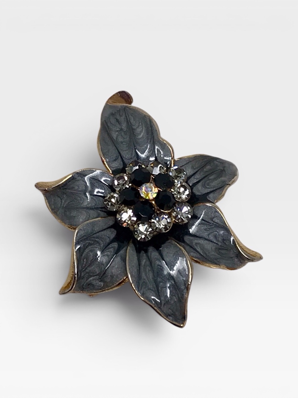 Gray & Black Enamel Floral Crystal & Gold-tone Brooch 50s Style